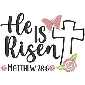 He Is Risen Cross And Buttefly Matthew 28-6 Bible Verse Religious Filled Machine Embroidery Design Digitized Pattern